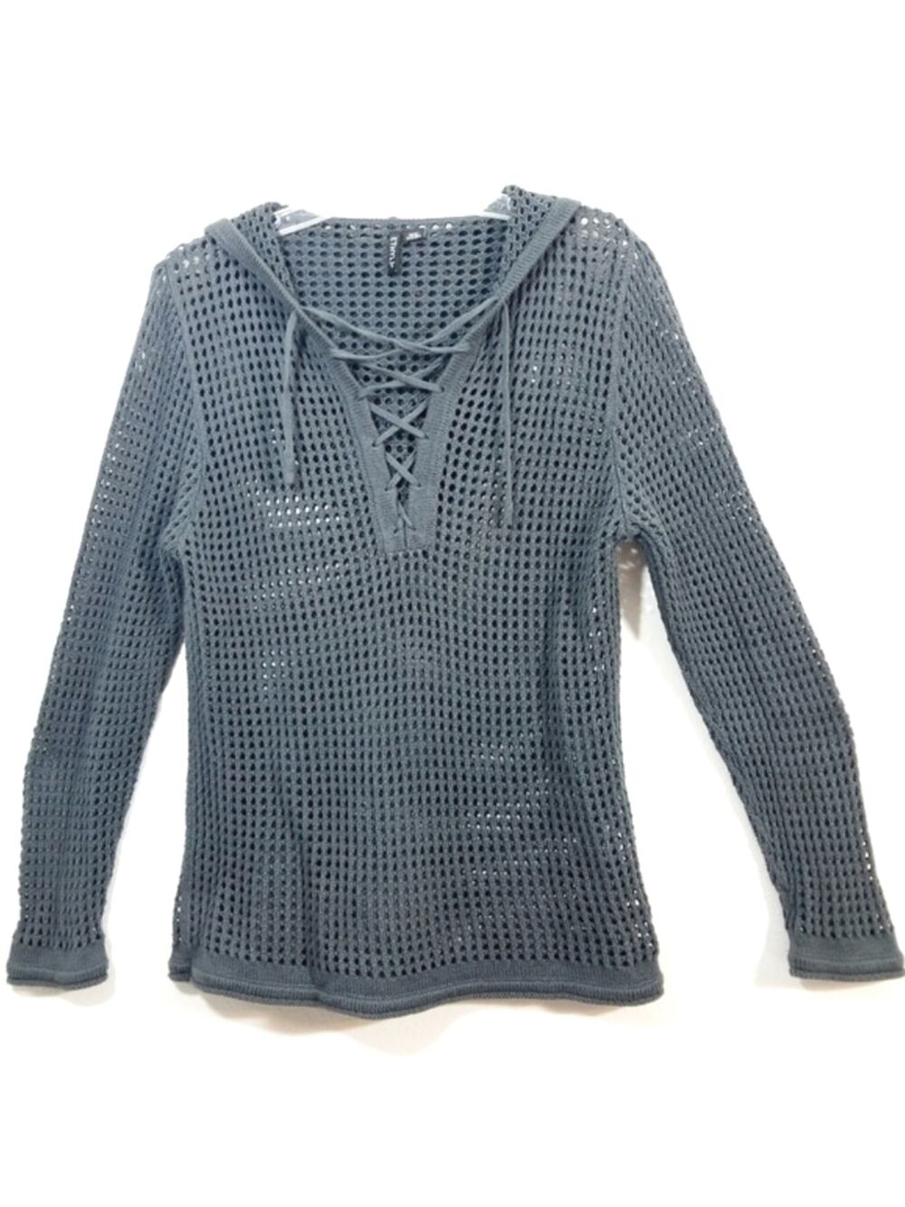 Ethyl charcoal net knit hooded pullover sweater S